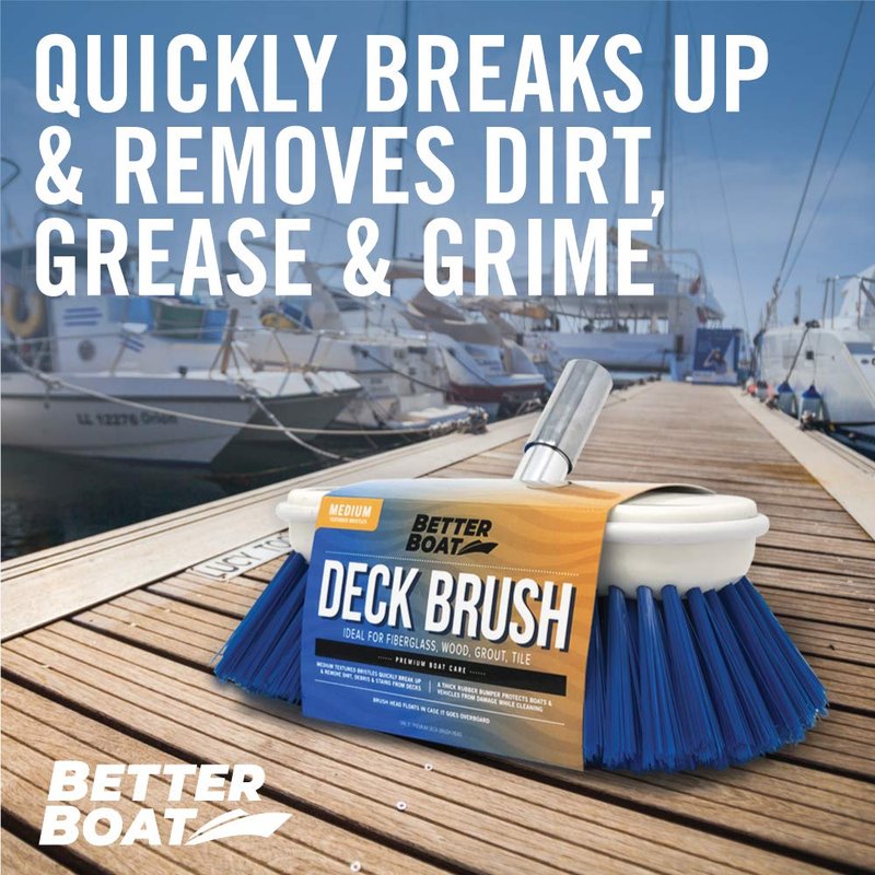 Medium Boat Deck Brush, Heavy-Duty Marine Brush Head, 8" Bristle with Bumper, 3/4" Thread Handle, for RV, Truck, and Auto Cleaning