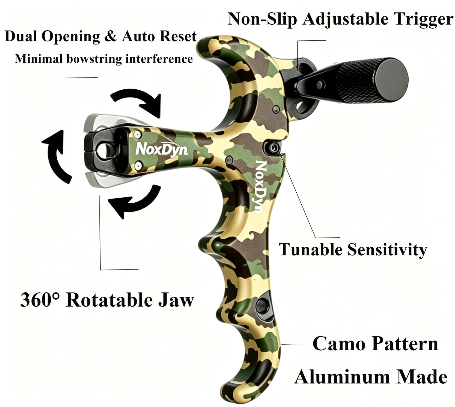 NoxDyn Archery Bow Release for Compound Bow, 4-Finger Adjustable Sensitivity Thumb Release Aid, 360° Rotatable Head for Hunting and Target Practice