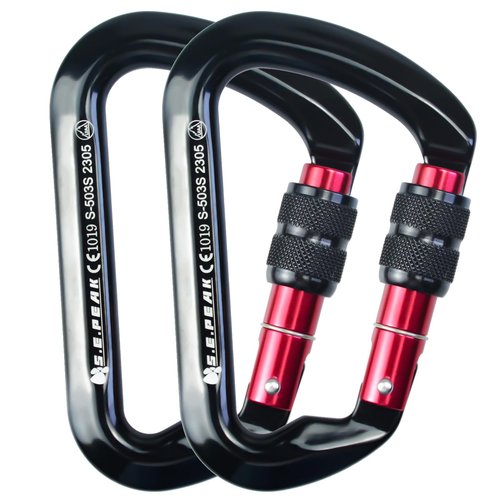 SEPEAK UIAA CE 30kN Locking Climbing Carabiner, Professional Heavy Duty Screwgate Clip for Outdoor Climbing, Mountaineering, Rappelling, Camping, Hiking, Swing, Large D Carabiner Hook/6744lb,2pc,Black