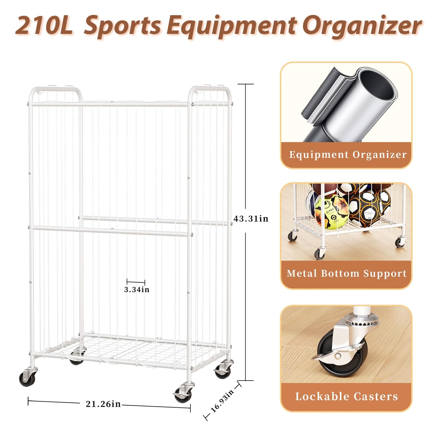 YKDIRECT 210L Rolling Ball Organizer with Locking Wheels - Large Sports Storage Basket for Basketball Soccer Football Volleyball, Steel Garage Equipment Cart with Elastic Rope for Household Storage