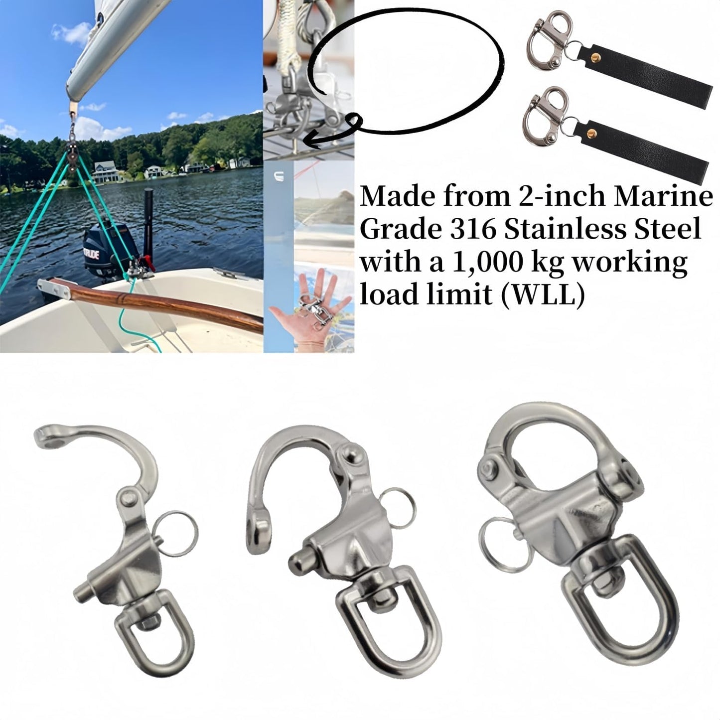 2 Pack Quick Release Clip Shackle,Firefighter Accessories,Marine Grade 316 Stainless Steel Shackle for Rigging with Leather Handle (Black)
