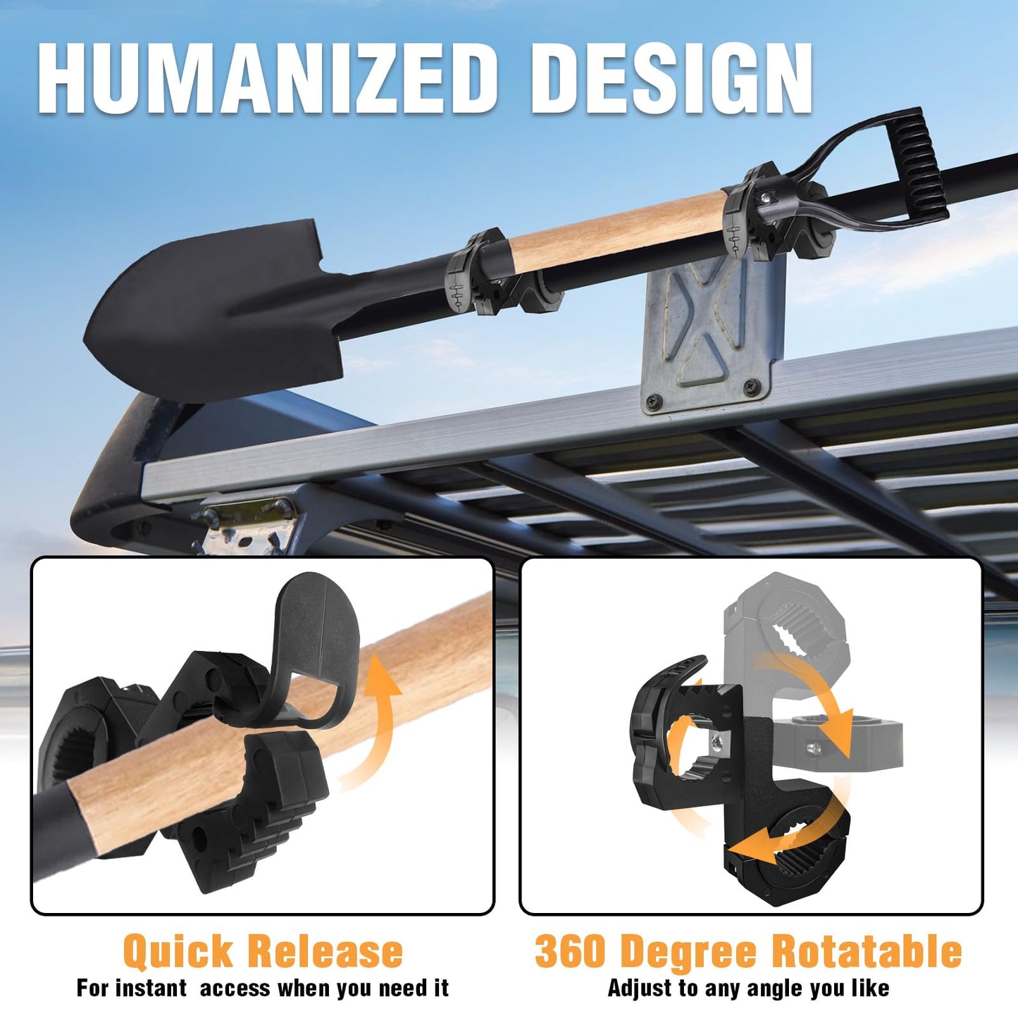 Quick Release Shovel Holder Mount Roof Rack Shovel Mounts for Trucks Off-Road Vehicles UTVs ATVs with 1" 1.5" 1.75" Bull Bars Roof Racks Roll Cages Hold 29-36mm Diameter Tools 1 Pair