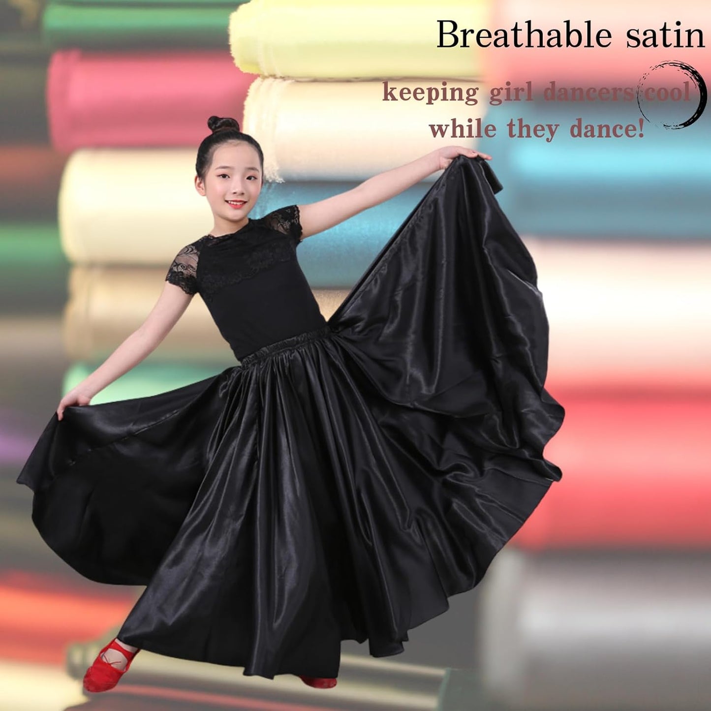 2 Pcs Long Satin Skirt for Girls Full Dancing Circle Skirt for Kids 8-12 Years