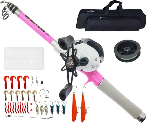 Telescopic Fishing Rod Reel Combo -Fishing Rod Kit -Fishing Pole Set with Lures Set Carrier Bag for Travel Saltwater Freshwater (Pink 7.8FT Combo)
