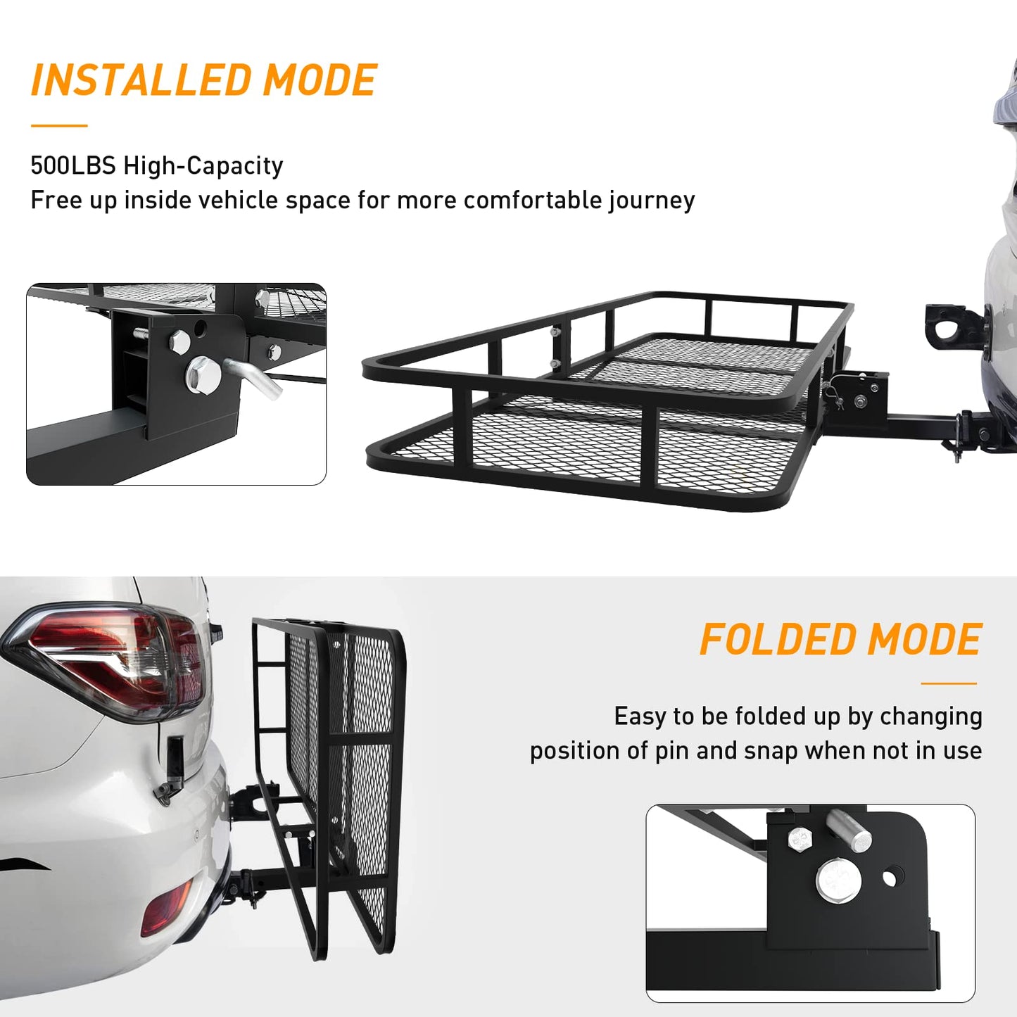 Wildroad Hitch Cargo Carrier Basket Combo 60" x 24" x 6" 500 LBS Folding Trailer Hitch Cargo Carrier Fits 2" Receiver with 18.2 Cubic feet Cargo Bag, Hitch Stabilizer, Cargo Net and Ratchet Straps