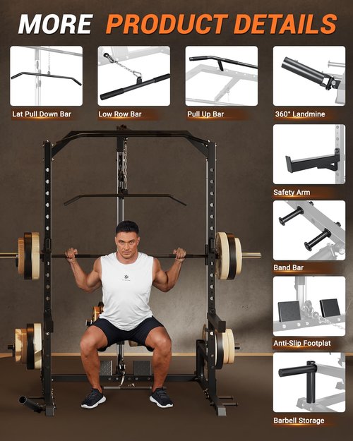 Smith Machine with LAT Pulldown Machine, Multi-Functional Power Cage with Full Body Training Attachments, Heavy Duty Squat Rack for Home Gym Strength Training