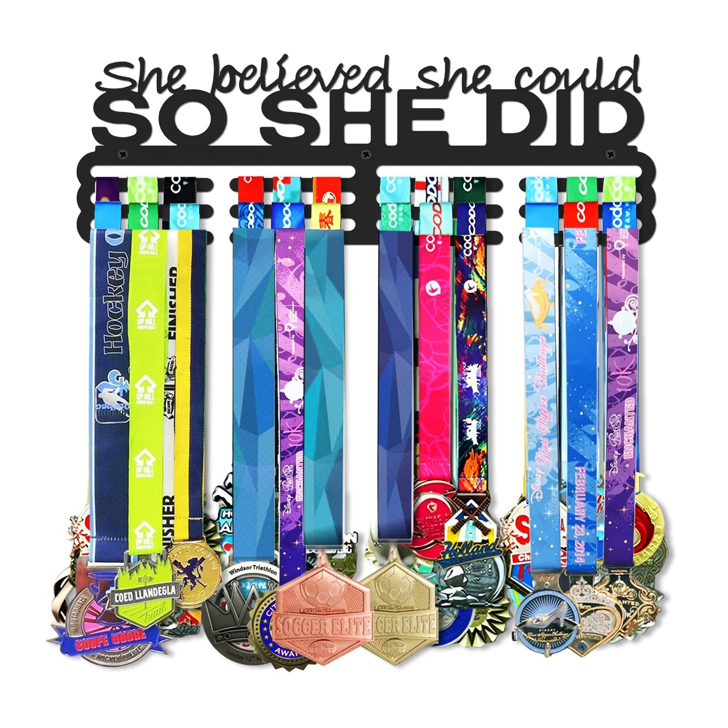 Bliocefo Medals Hanger Display Holder Rack 13.8 inches She Believed She Could Wall Mount Steel Frame Over 60 Medals-Sports Medal Hangers Racks Bib Ribbon with Easy Hanging Bars Black 3 Lines