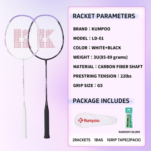 KUMPOO Badminton Set with 2 Carbon Shaft Badminton Rackets, Replacement Overgrips, 1 Racket Bag, Professional Badminton Racquet 3U-87g Lightweight for Beginners Outdoor Games, LD-01 White+Black