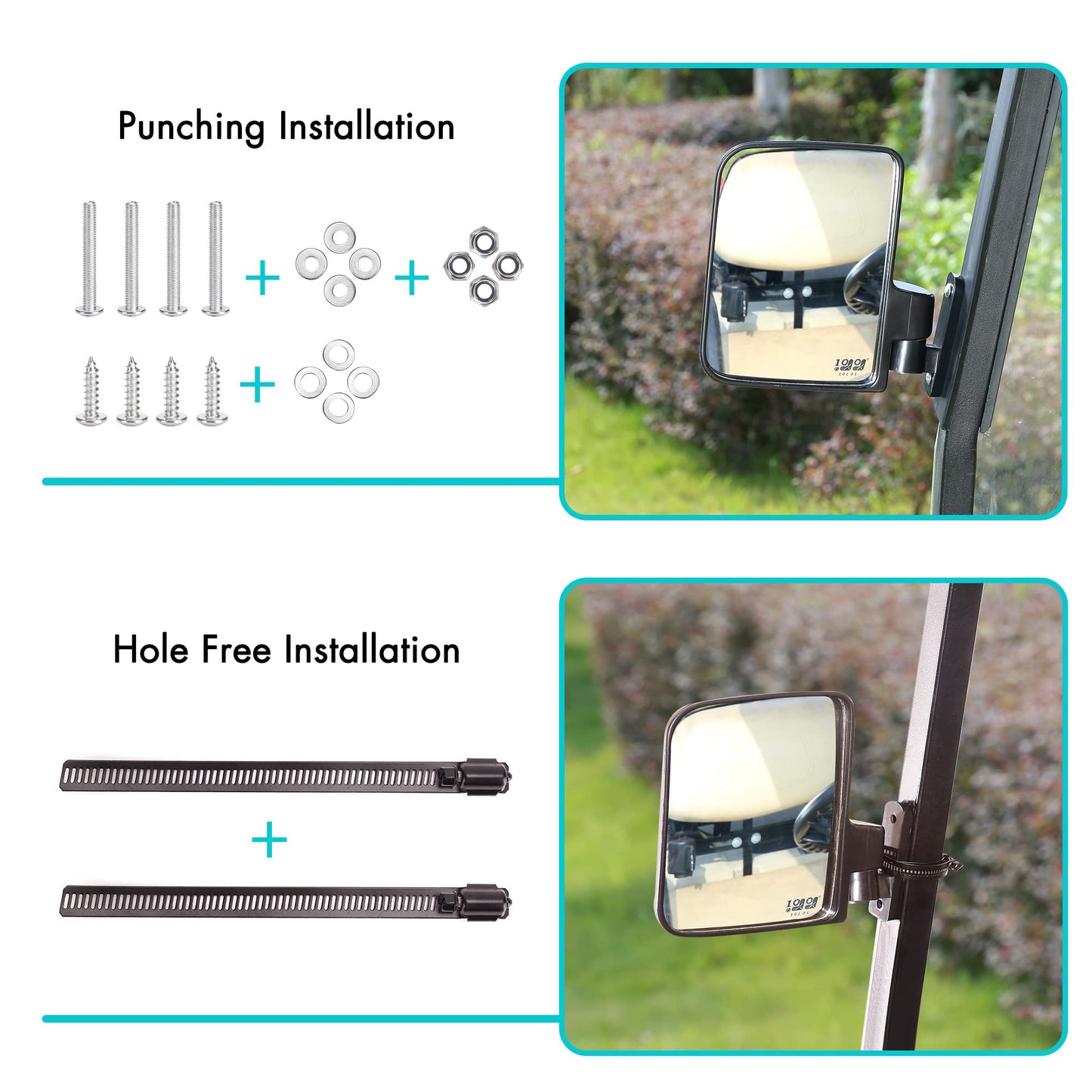 10L0L Golf Cart Side Mirrors Compatible with Yamaha Club Car EZ-GO and Others Round or Square Tube Golf Cart Roof Bracket, No-drilling Required