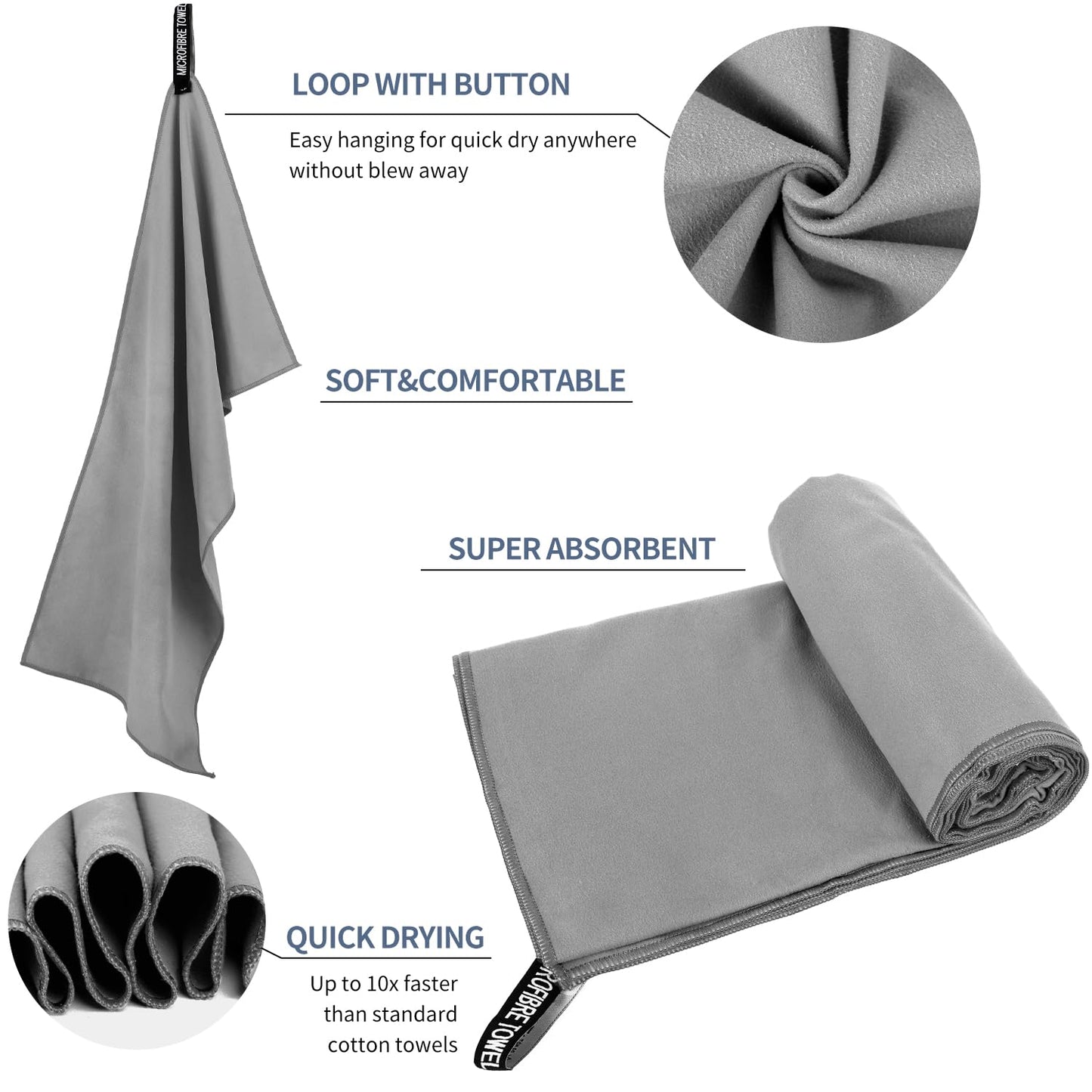 ZIUDBOC Microfiber Travel Towel, Soft Lightweight Quick Dry Towel, Super Absorbent Compact Travel & Sports & Beach Towels for Camping, Backpack, Gym, Swimming, Yoga, Hiking (M:20"×40" -Gray)
