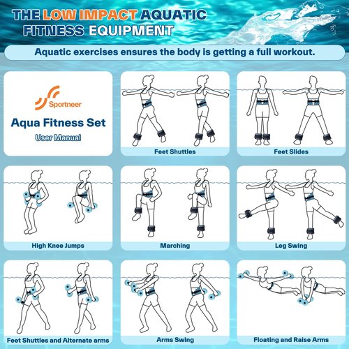 Sportneer Water Aerobics Pool Exercise Equipment Water Workout Combo Set Includes High Density Water Dumbbell Aqua Belt Water Ankle Weights for Aquatic Therapy Pool Fitness Water Exercise Blue