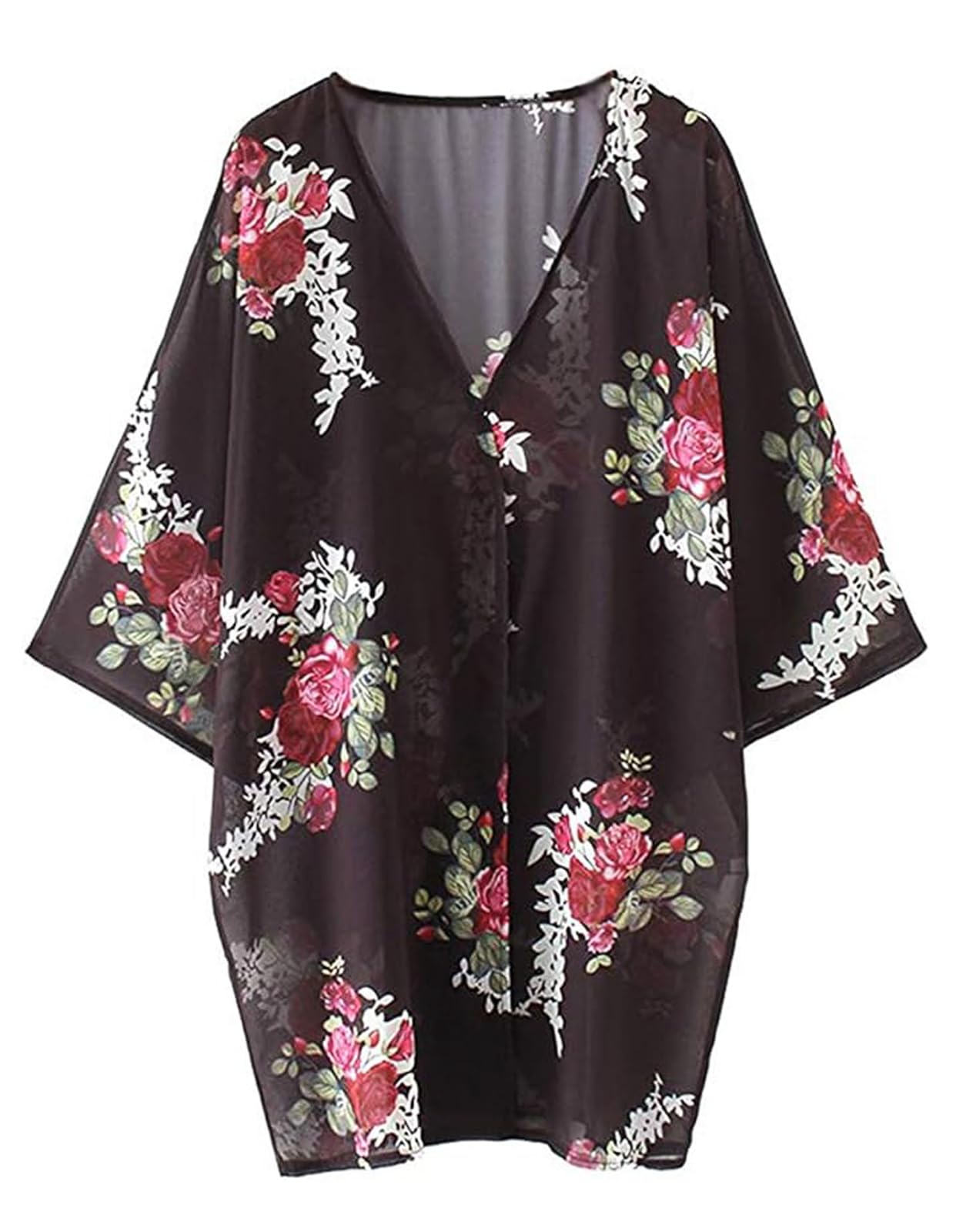 Women's Floral Print Puff Sleeve Kimono Cardigan Loose Cover Up Casual Blouse Tops