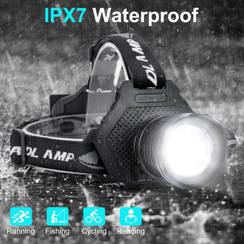 QOPOYU Rechargeable Headlamp, 3000 Lumens Head Lamps Led Rechargeable Headlights with 10 Modes, 90° Adjustable Bright Headlamps for Adults, IPX7 Waterproof Head Lights for Fishing Camping