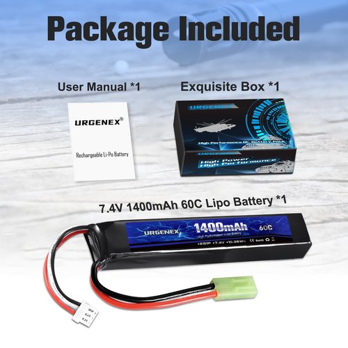 URGENEX Airsoft Battery 7.4V 1400mAh 60C High Discharge Rate Lipo Battery Pack with Mini Tamiya Plug Rechargeable 2S Lipos Fit for Airsoft Model Guns