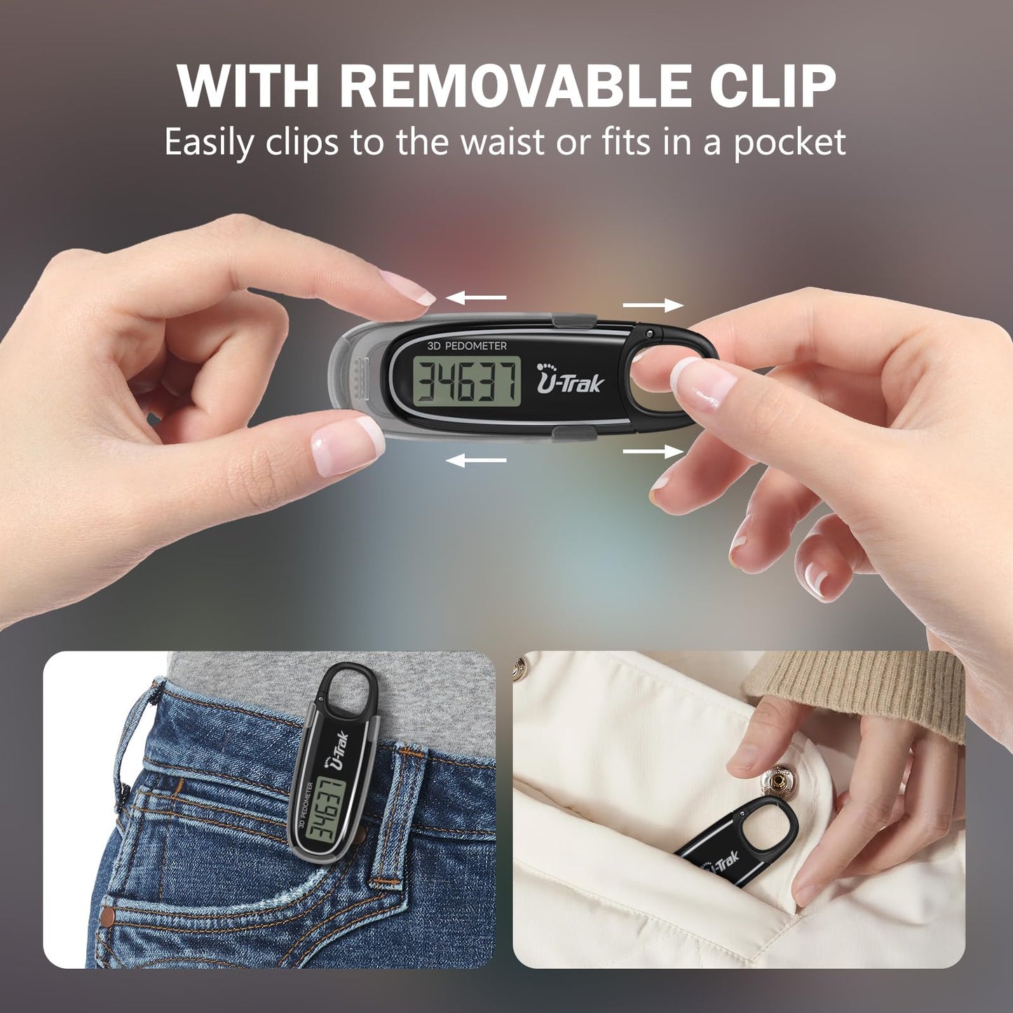 3D Pedometer for Walking with Removable Clip and Carabiner Simple Step Counter for Walking Accurate Clip On Step Tracker for Men Women Kids (Black)