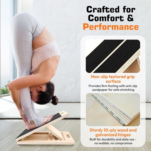 Adjustable Wooden Slant Board for Calf Stretching – Incline Wedge for Ankle,Heel,Knee & Leg Pain Relief – Squat Equipment for Physical Therapy & Home Gym-2 Extra Sand Papers,Carry Bag & Mini Loop Band