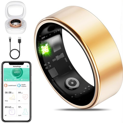 Smart Ring Fitness Tracker for iOS & Android ??Sleep Monitor Heart Rate Blood Oxygen & Pressure 8 Sports Modes IP68 Waterproof NO Subscription Long Battery Life (Champagne Gold, 9#)