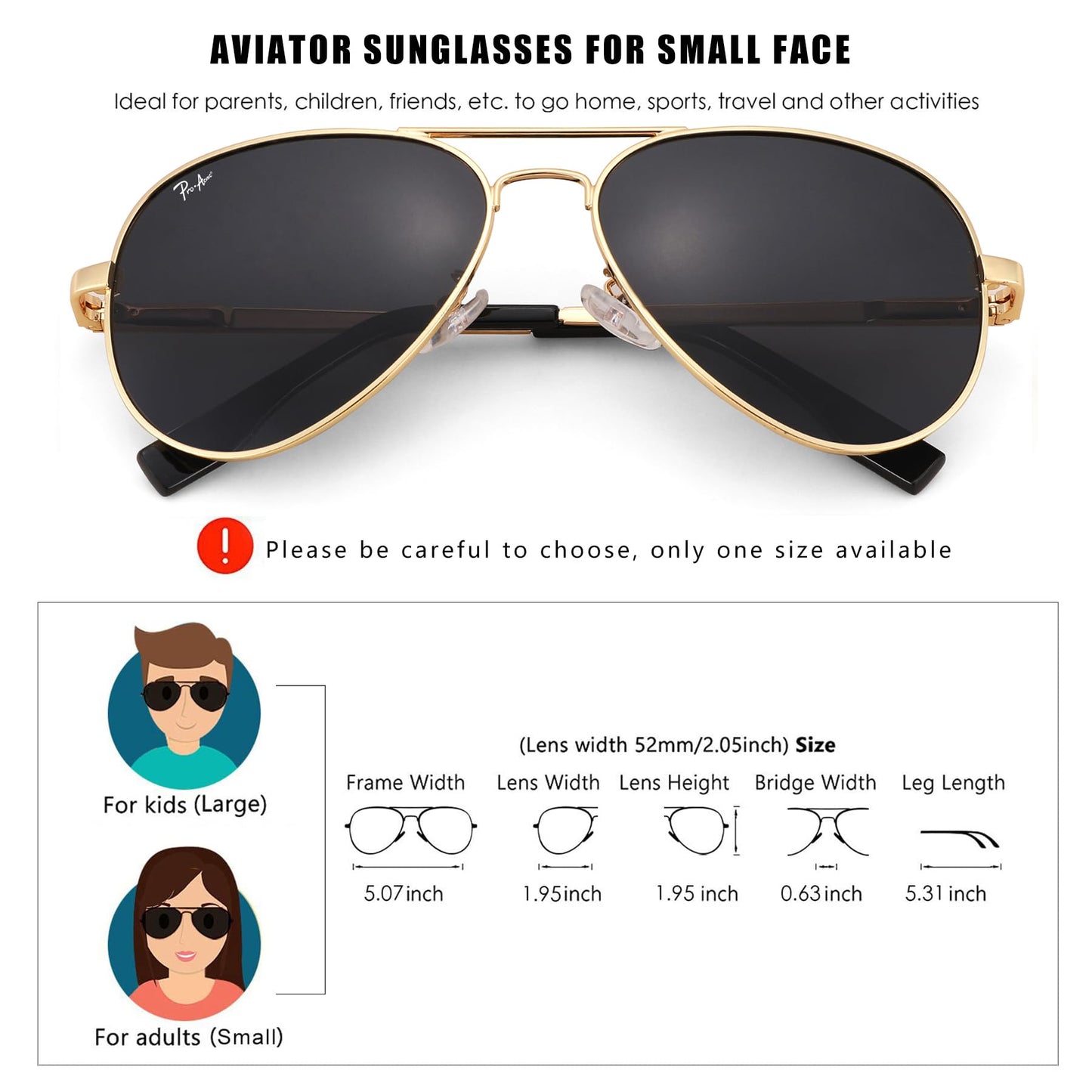 Pro Acme Kids Aviator Sunglasses for Boys Girls, Polarized Small Face for Youth Juniors Age 3-18, with Two Sizes 50MM 52MM (Gold Frame/Black Lens)