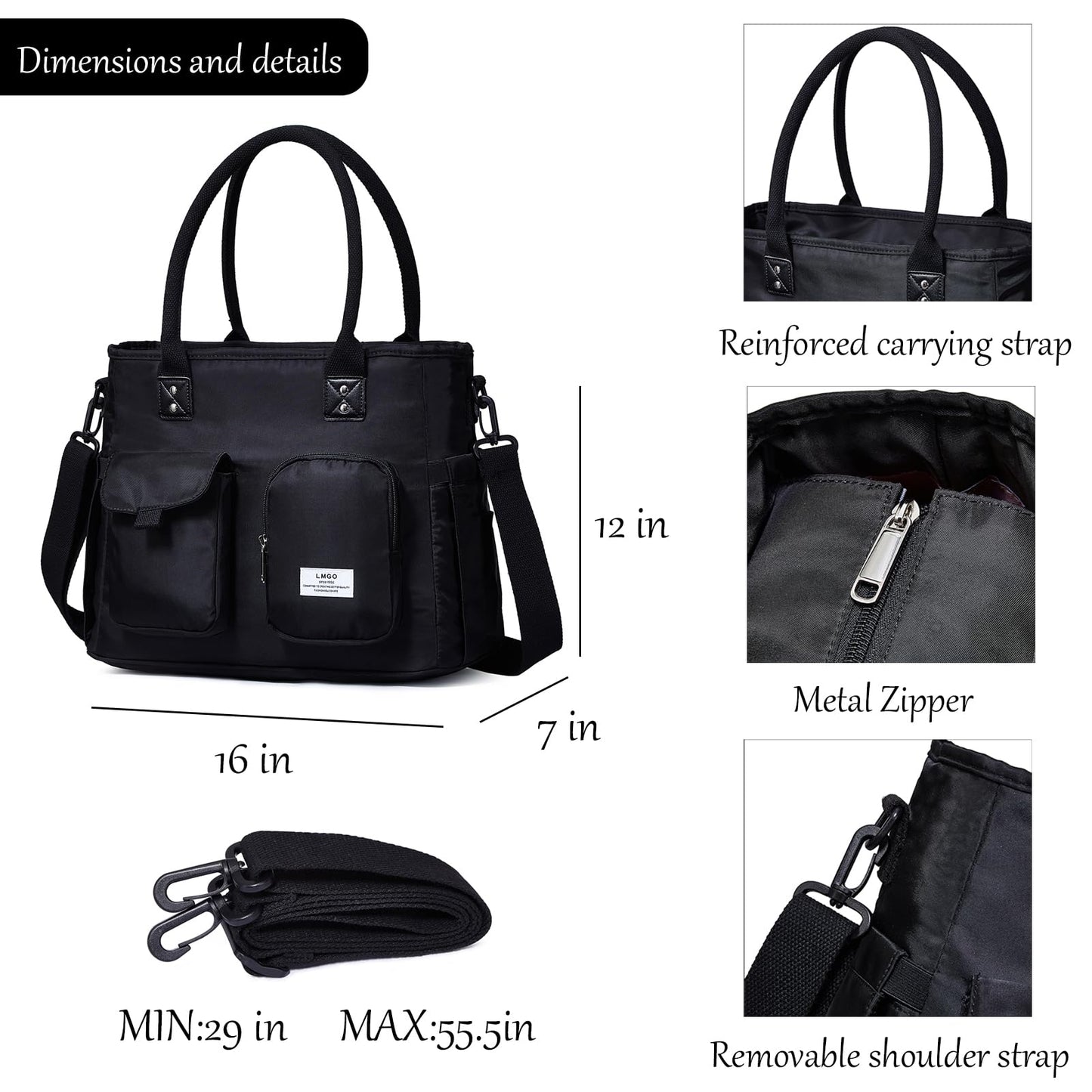 LMGO Large Utility Tote Bag with Multi-pockets and Compartment for Women, Crossbody Shoulder Bags with Zipper for Work, Travel Essentials for Nurse Teacher Carry On - Black