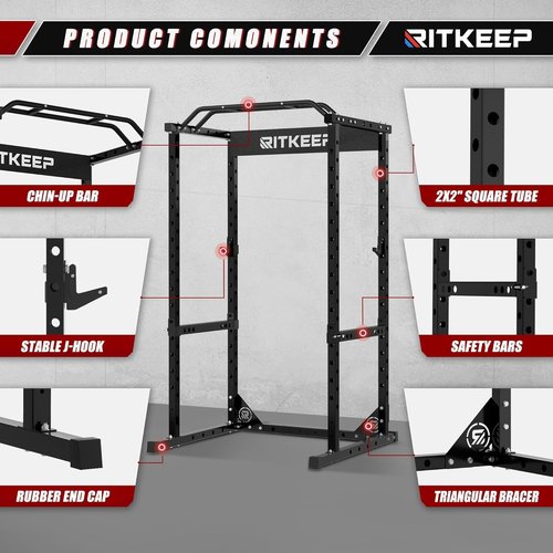 RitKeep RMAX 2250 Multi-Functional Power Rack - 1200lb Capacity Squat Rack for Home Gym with Multi-Grip Pull-Up Bar, J-Hooks, and Safety Bars(Black with Black Bench(black barbell), 1000LB barbell)