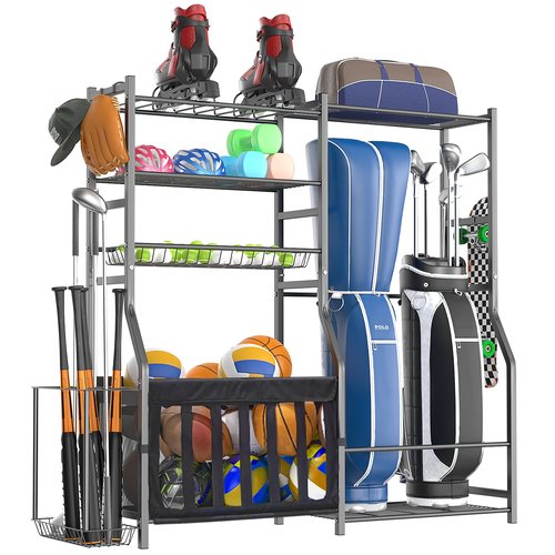 organizelink Garage Sports Equipment Organizer, Strong Load Bearing Golf Bag Organizer, Multi Use Golf Ball Rack Basketball Rack For Sports Gear and Outdoor Toy Ball Storage