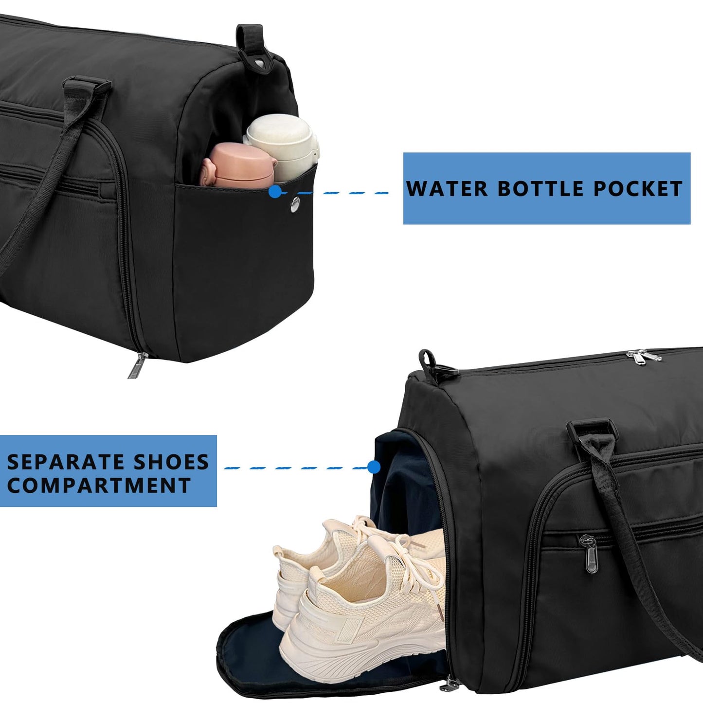 woogwin Small Gym Bag for Men & Women with Shoes & Wet Compartment Waterproof Duffle Bag for Travel Sports Workout Overnight Weekender(17.7'',Black)