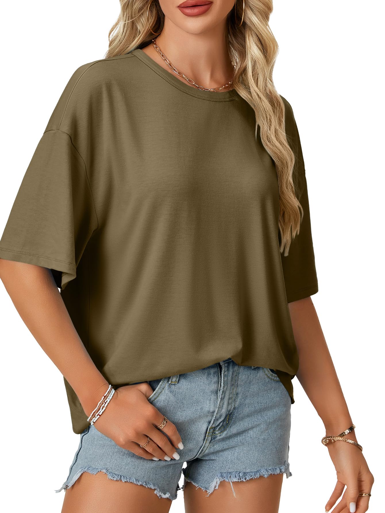 Rooscier Women's Open Back Workout Tops Oversized Backless Cut Out Half Sleeve Crew Neck Casual Y2k T Shirts Blouse