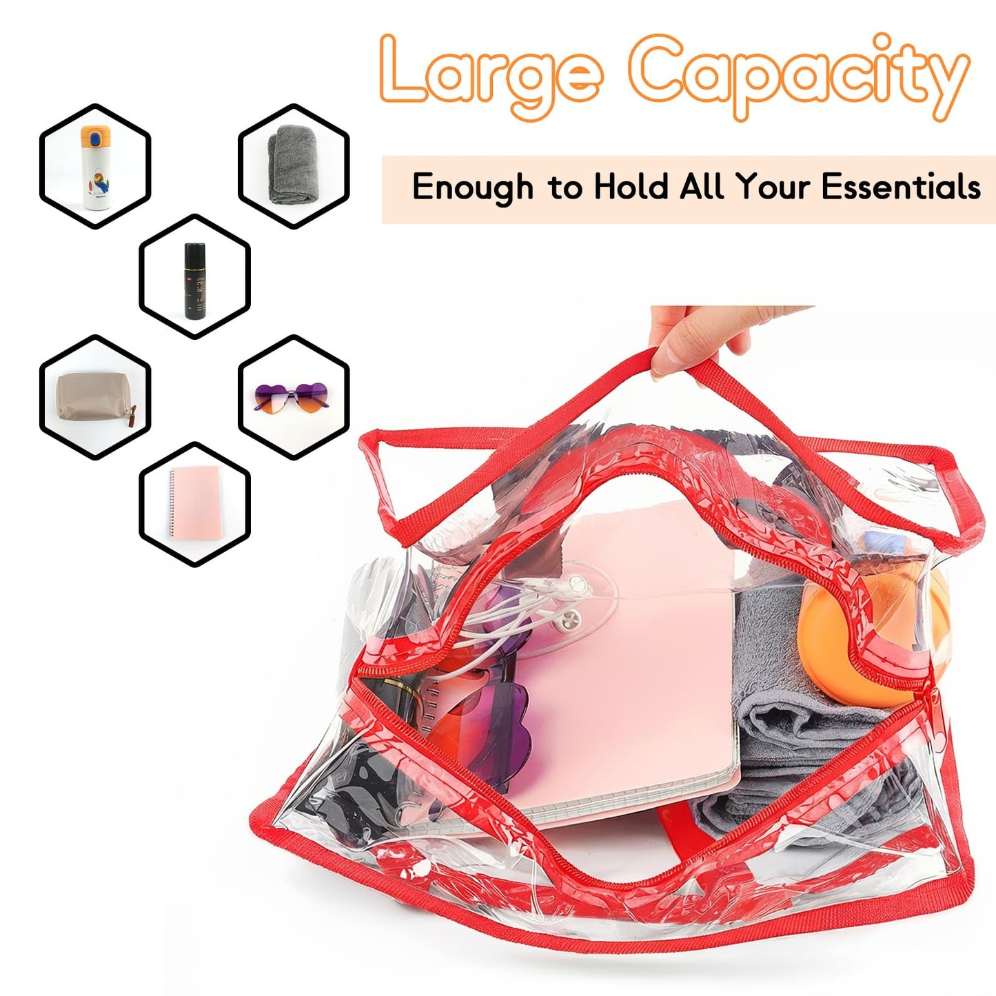 Hoiny Clear Bag for Stadium Events Approved, 12x6x12 Large Transparent Tote Bag with Zipper for Gym Concert Sports Festivals (Red)