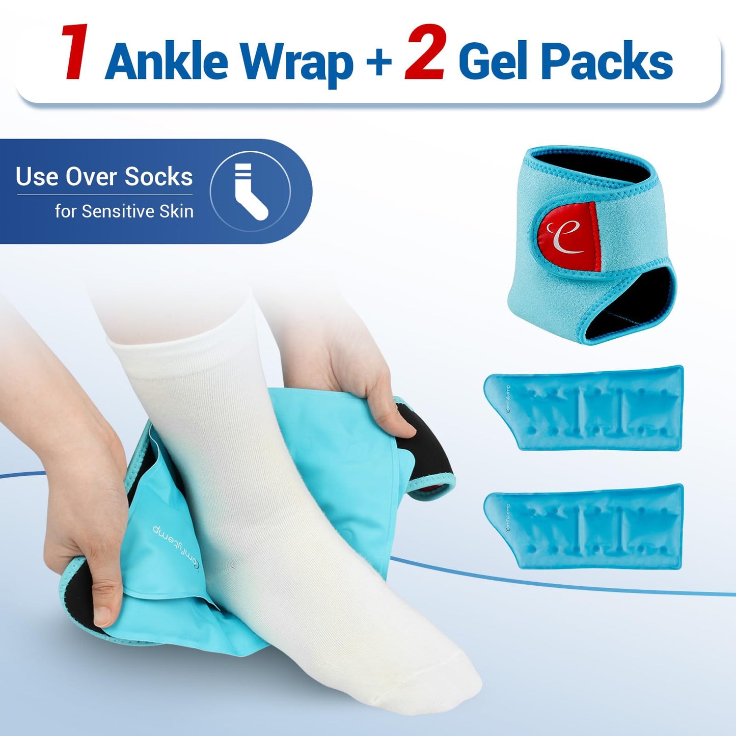 Comfytemp Ankle Ice Pack Wrap Brace for Swelling, Foot Pain Relief, 2 Gel Packs for Injuries Reusable, Hot Cold Compress Therapy for Plantar Fasciitis Relief, Heel Spur, Achilles Tendonitis, Swelling