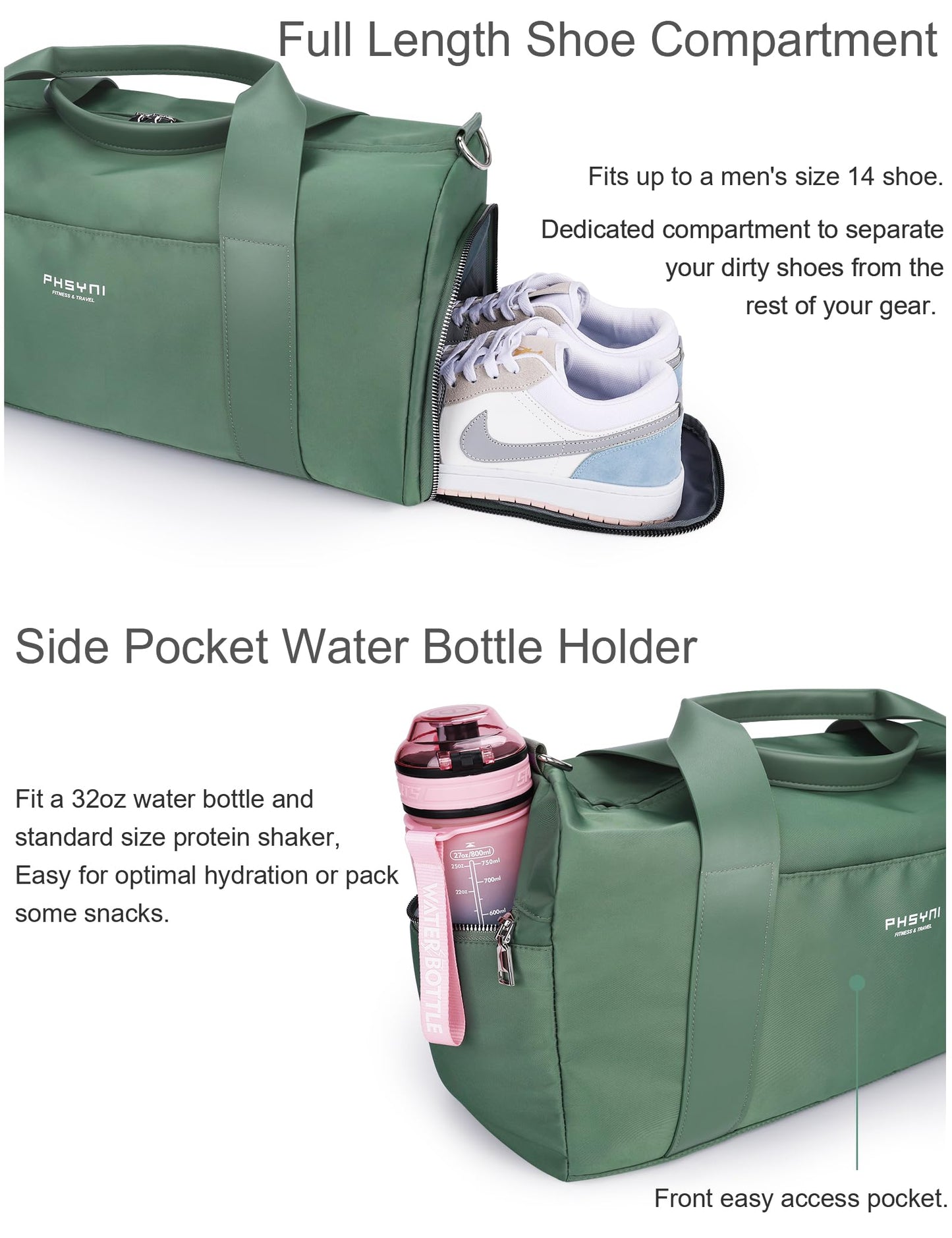 PHSYNI Gym Bag for Women Girls with Shoe Compartment & Wet Pocket - Duffle Bag for Travel Sports Fitness Workout Athletic, 19"-Medium, Olive Green