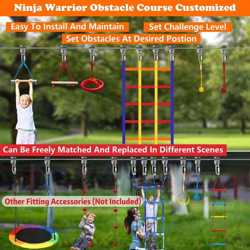 SZHTMZXC 50FT Ninja Warrior Obstacle Course for Kids Backyard Outdoor, 10 Ninja Accessories Play Set Equipment, Stainless Steel Main Rope 500lbs, Monkey Bars, Ninja Wheel, Climbing Net (50FT 10Pcs)