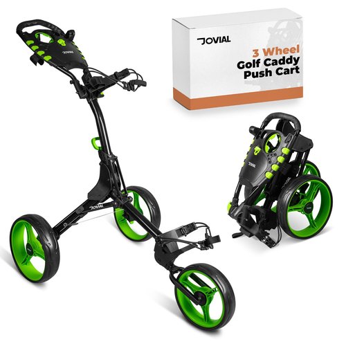 JOVIAL 3 Wheel Golf Push Cart - Lightweight Aluminum Frame, Ergonomic Handle, Deluxe Scorecard Holder, Easy Folding and Unfolding, Foot Brake, Patented Bag Holder, Ample Storage for Gear