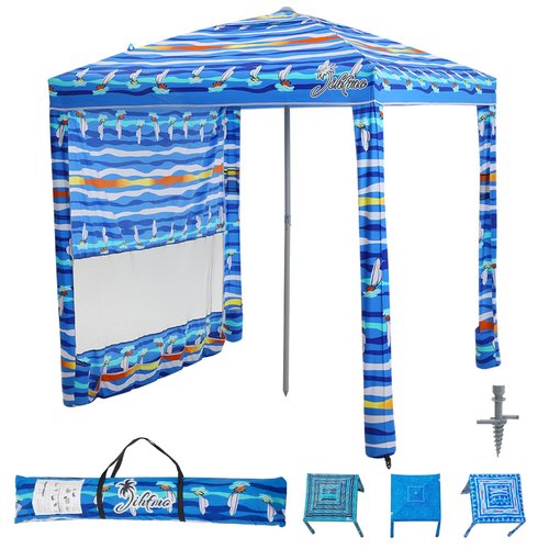 Jihfmo Beach Cabana, 6.2'×6.2' Beach Canopy with Side Wall, UPF 50+ UV Protection Easy Setup Tent Sun Shelter with Sand Pockets for Whole Family(Summer Sailboat)
