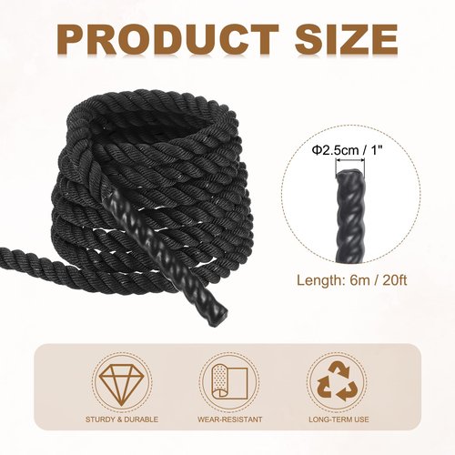 MECCANIXITY Battle Rope 20ft x 1 Inch Polyester Workout Rope Heavy Fitness Exercise Rope for Strength Training Home Gym Muscle Building, Black