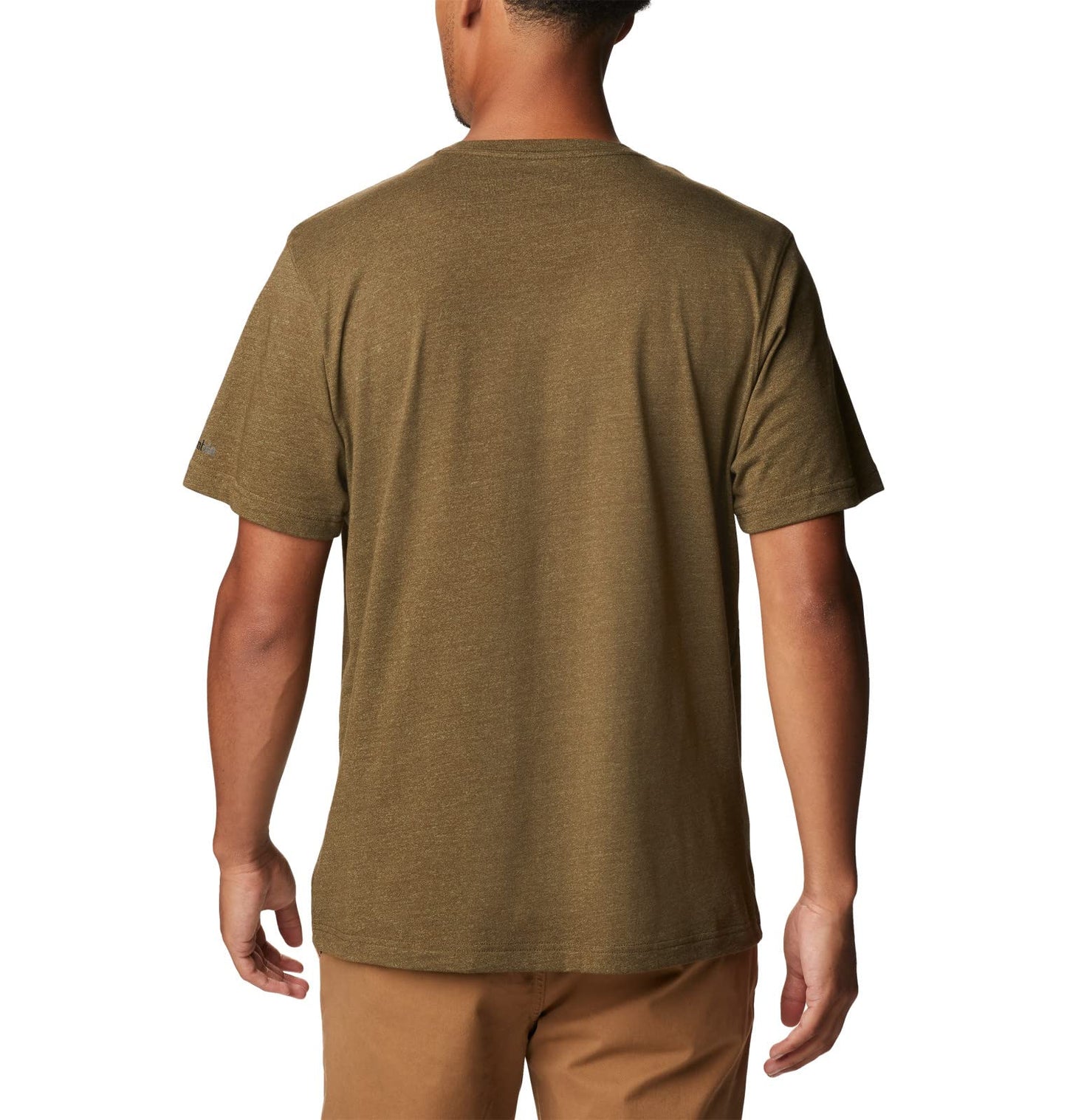 Columbia Men's Thistletown Hills Graphic Short Sleeve, Olive Green Heather/Wanderland Graphic, Medium