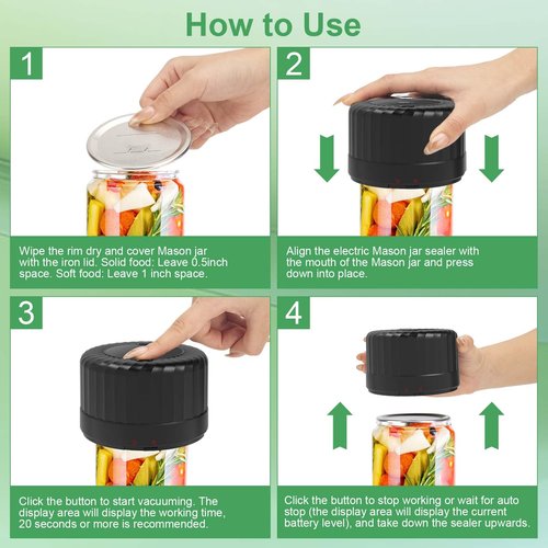 SelePow VP06+ Mason Jar Vacuum Sealer, Electric Vacuum Sealer for Jars with Wide and Regular Mouth Mason Lids, Cordless Handheld Jar Vaccum Sealer for Food Storage, Ideal Present for Mom, Wife, Black