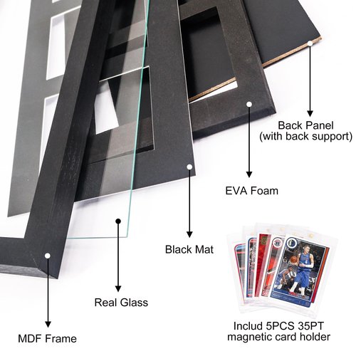 FramePro Trading Card Display Frame for 5 Standard Cards with Real Glass, Sports Collect Holder for Baseball Basketball Football Hocky Cards