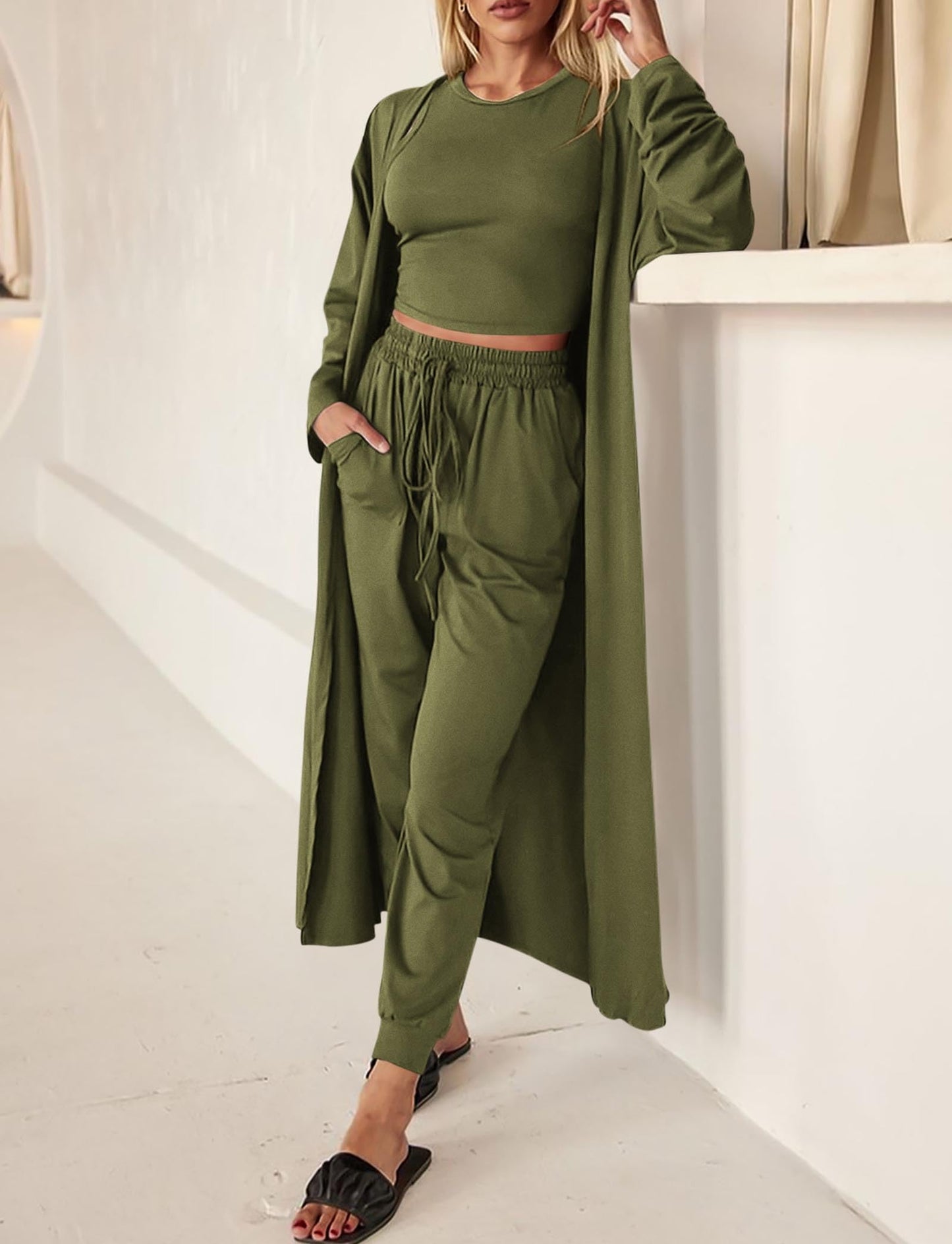 KIRUNDO 3 Piece Lounge Sets for Women Airport Travel Vacation Outfits 2026 Fall Cardigan Matching Sleeveless Top Jogger Pants
