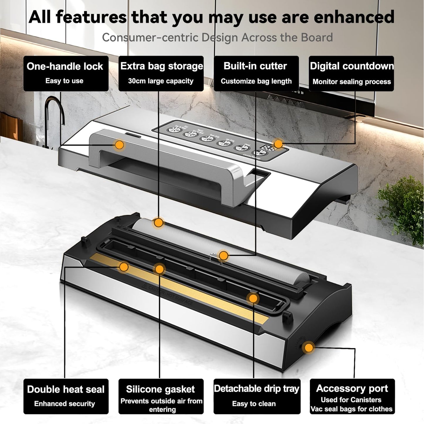 2025 VacApex Food Vacuum Sealer Machine, Compact Stainless Steel Vacuum Sealer for Food with Built-in Cutter & Storage, Strong Suction, One-Touch Operation, Double Heat Seal, Moist & Dry Mode