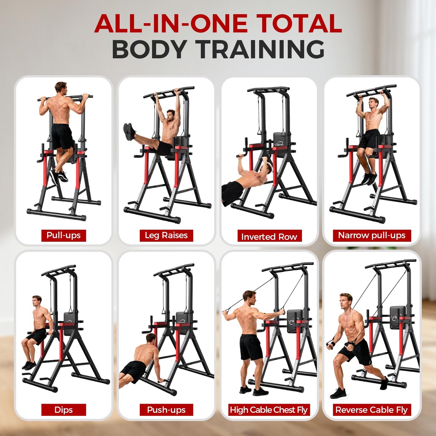 Power Tower Pull Up Bar Free Standing,13-Level Adjustable Height Dip Station with X-Frame Stability, Multi-Grip Handles, Backrest, Anti-Slip Foot Pads - Home Gym Strength Training Equipment 400LBS