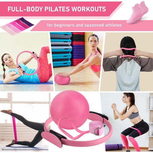 Pilates Equipment Accessories Kit 13 Pcs Pilates Ring Circle Set for Women Home Workouts 12” Magic Circle Yoga Ring and Resistance Bands 5 Yoga Bands 9.8” Exercise Ball Fitness Equipment Set Gift