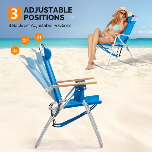 VINGLI Aluminum Backpack Beach Chair – Tall Beach Chairs for Adults, Portable with Adjustable Straps, 3-Position Reclining, Cup Holder, High Lightweight Beach Chairs for Beach (Blue, 17" High)