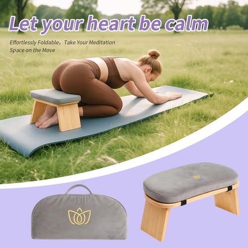 HOSASSPER Bamboo Meditation Bench, Folding Meditation Stool with Velvet Cushion & Carry Bag, Seiza Prayer Stool, Kneeling Meditation Bench for Yoga, Mindfulness & Zen Practice