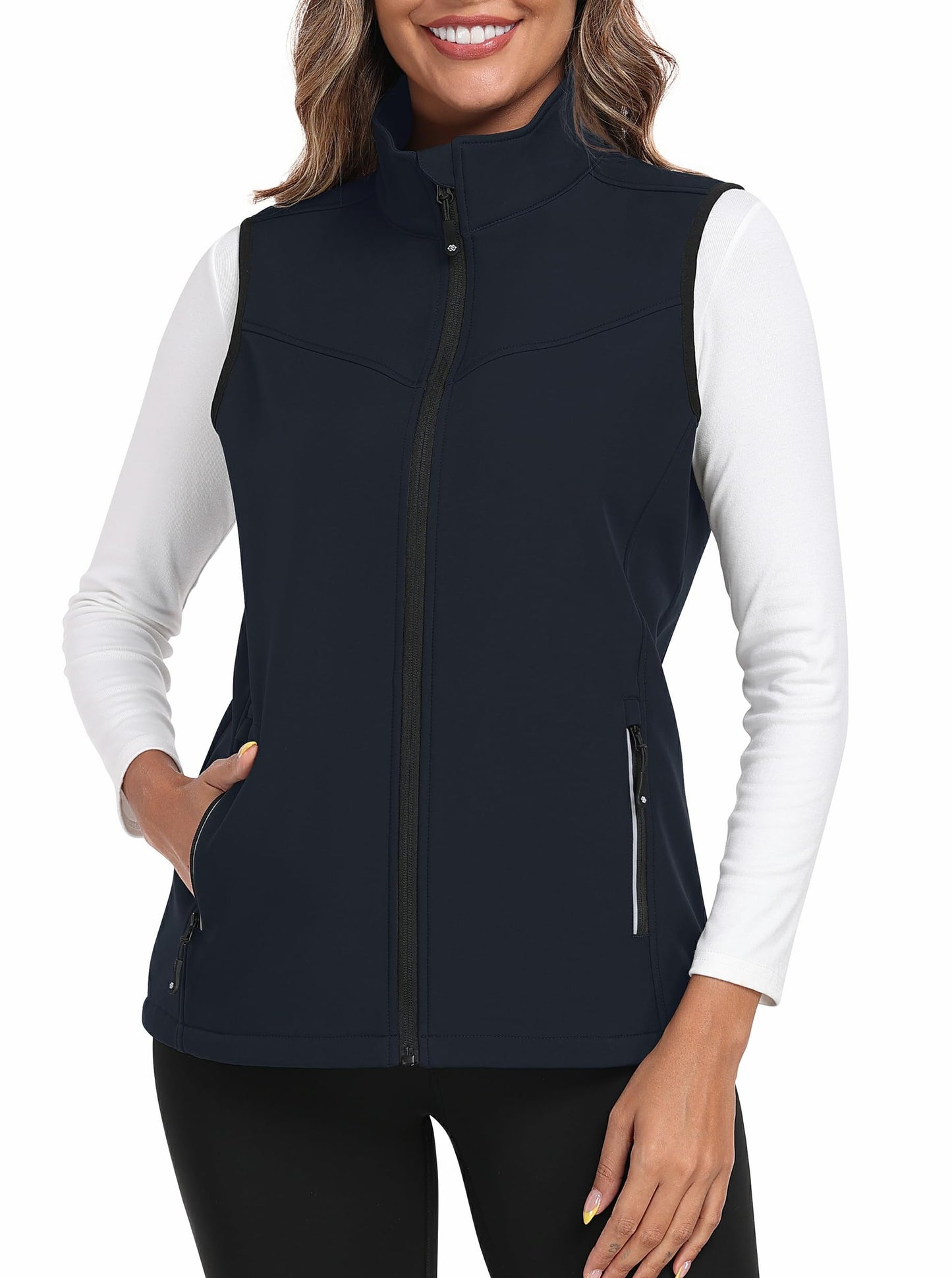 MoFiz Women's Fleece Lined Softshell Vest Windproof Lightweight Insulated Sleeveless Jacket Full Zip Running Vest Navy M