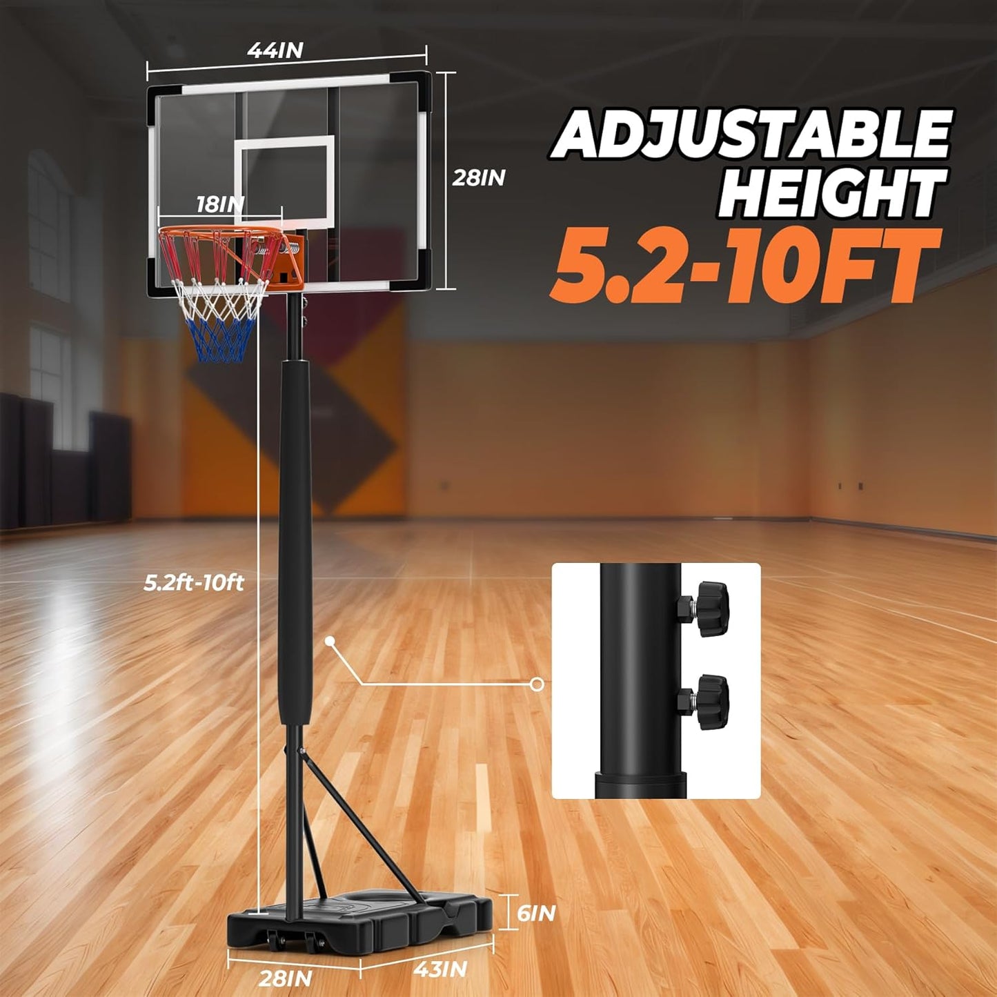 10 FT Portable Basketball Hoop with Adjustable Height for Adults Youth, Shatterproof Backboard, Stable Base, Easy Mobility, and Durable Design