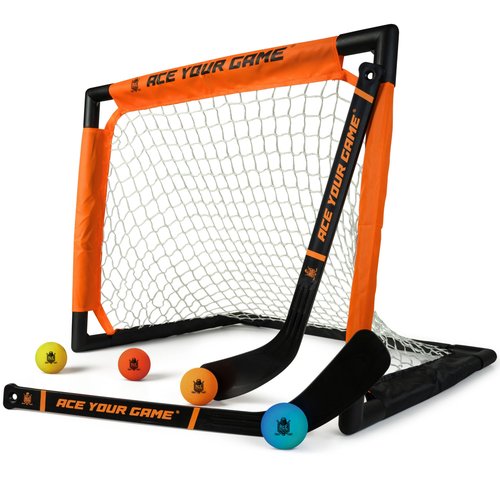 ACE HOCKEY - Shinny Hockey Set - Complete 2-Player Indoor/Outdoor Kit - Knee Hockey Goal Set (1) Goal, (2) Mini Sticks, and (4) Foam Balls - Mini Hockey Set