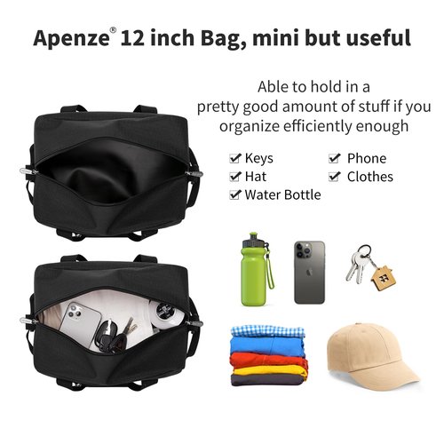 Apenze Small Gym Bag Carry On Bag - 12 in Mini Duffle Bag Lightweight for Overnight Travel（Black）