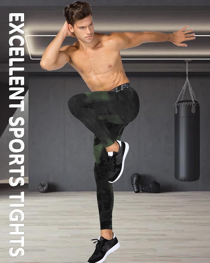 Compression Pants for Men with Phone Pocket - SPVISE 4-Way Stretch Run Tights Camouflage Green Large