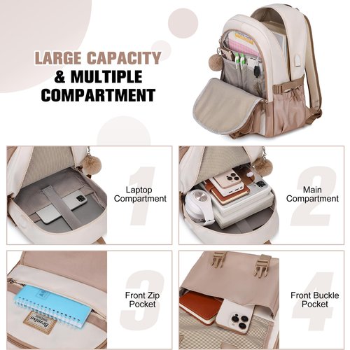 Bevalsa Backpack for Girls, School Backpacks for Girls, Kids Backpack with Lunch Box & Pencil Pouch for Teens Girl Kids Elementary Middle High School College Student Bookbag Daypack (Khaki Beige)