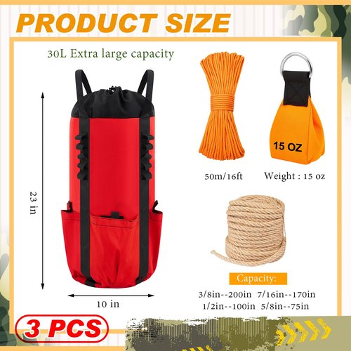 LOYIM 3 Pcs Arborist Throw Line Kit, 30L Red Black Rope Storage Bucket Backpack, 15 oz Arborist Throw Weight Bag, 164 ft Polyester Rope Equipment for Tree Work Limb Throwing Climbing Trimming